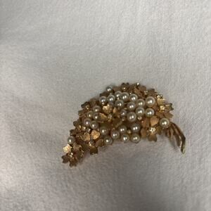 Vintage Floral Faux Pearls Rhinestones Pin Brooch Signed BSK